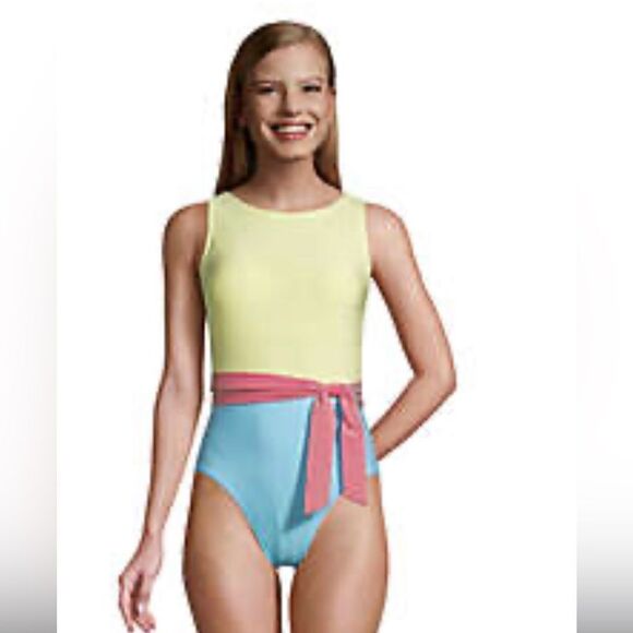 Land's End Multi Color One Piece Tie Waist Swimsuit Aqua Orange and YellowSz 14 - Picture 1 of 10